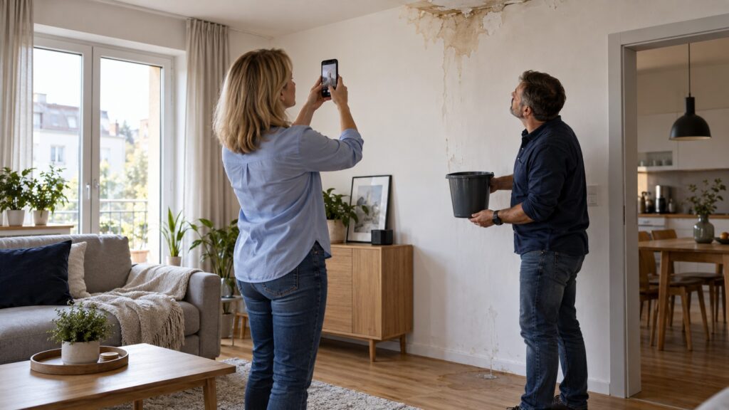 Kobieta fotografuje ślady zalania na ścianie, a jej partner trzyma wiadro pod miejscem wycieku w mieszkaniu.