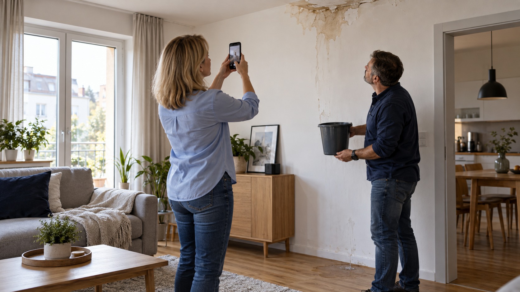 Kobieta fotografuje ślady zalania na ścianie, a jej partner trzyma wiadro pod miejscem wycieku w mieszkaniu.